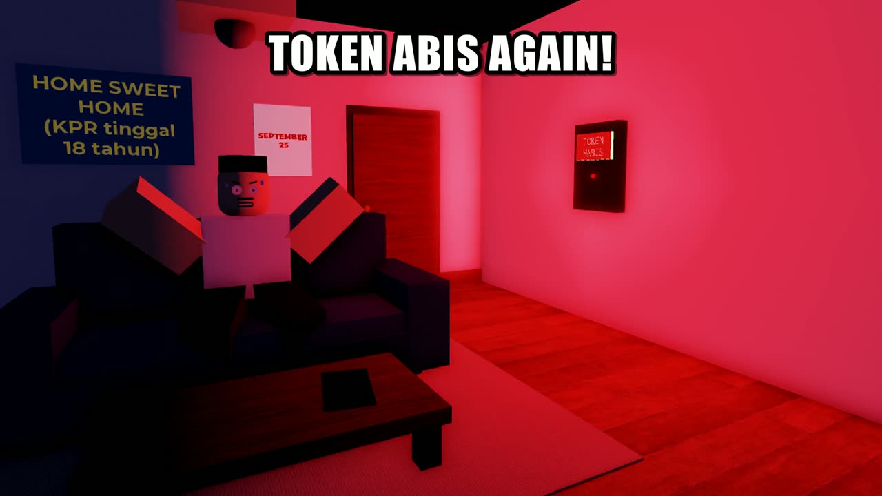 Ruangan gelap merah, tulisan TOKEN ABIS AGAIN