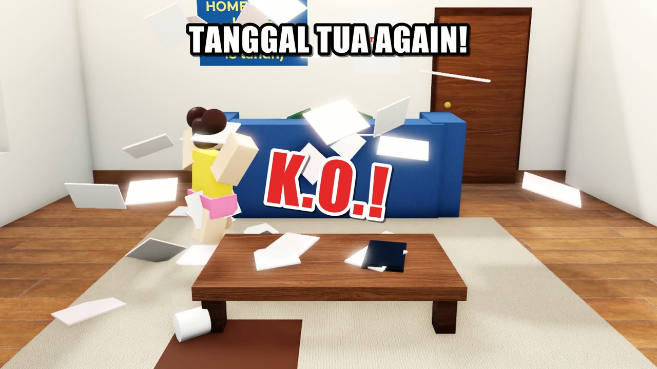 Hujan kertas tagihan, sofa terjungkal, tulisan K.O.