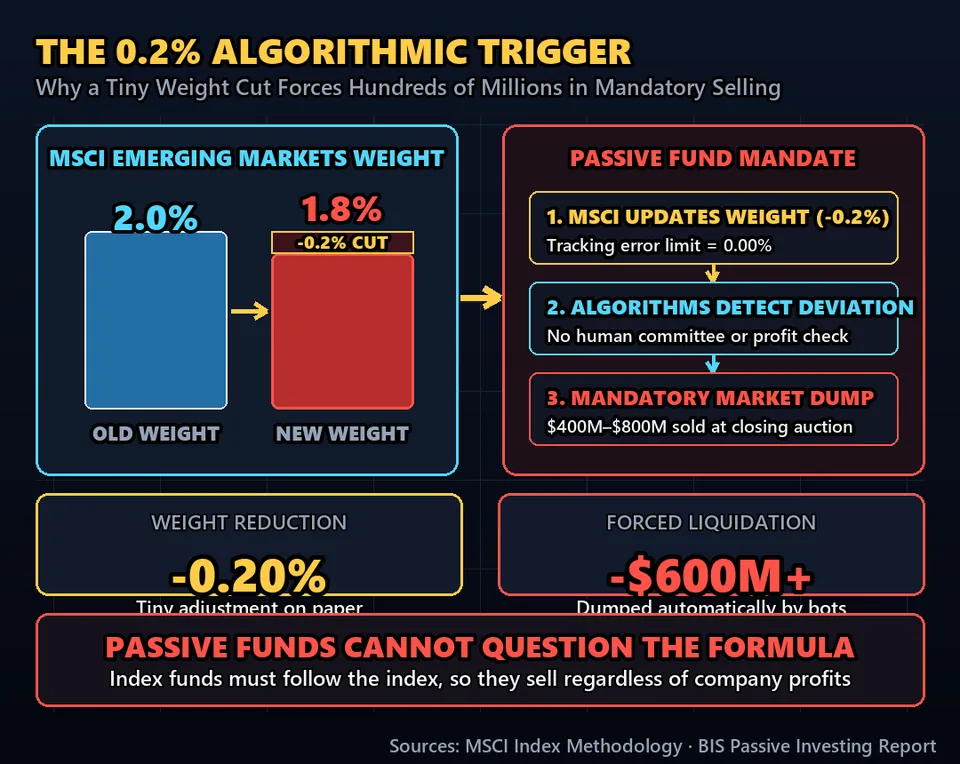 Diagram GeeGit: Trillions of that money is purely passive: managed by computer algorithms that blindly copy MSCI's portfolio weights.