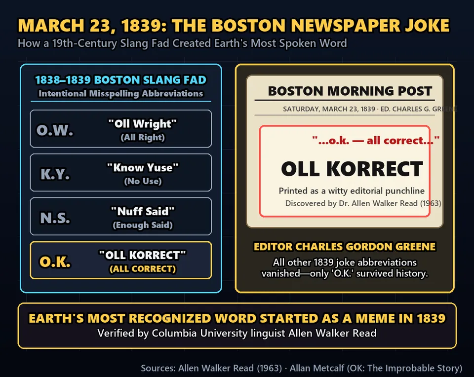 Diagram GeeGit: 'OK' is the most spoken and universally understood word on the planet. But it started as an intentional spelling joke.