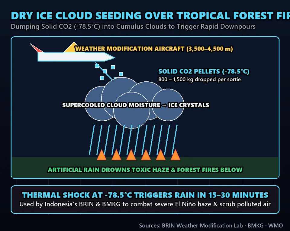 Diagram GeeGit: High above Indonesian forests, military transport planes are dumping tons of solid dry ice straight into the clouds.