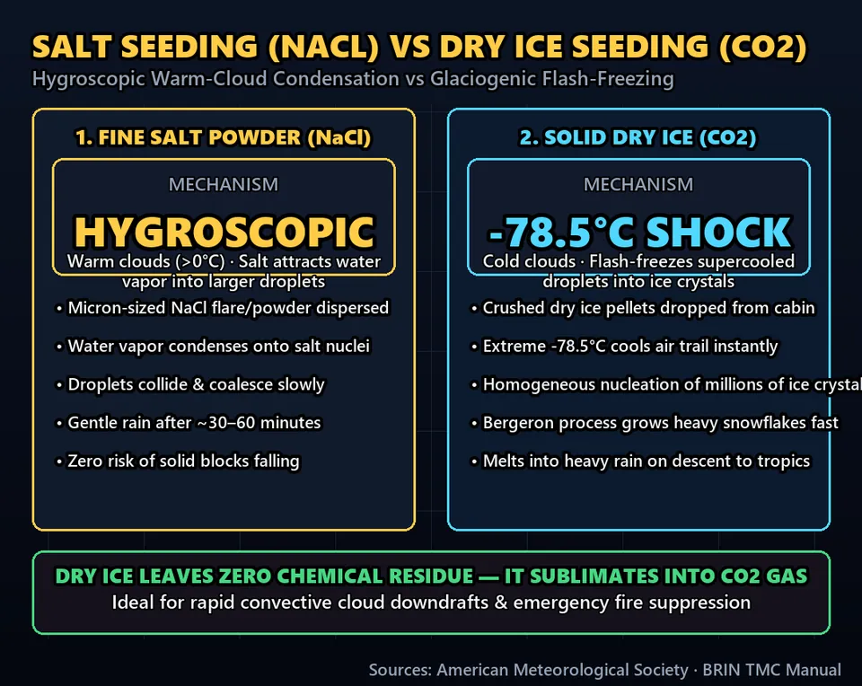 Diagram GeeGit: Standard cloud seeding sprays fine salt into warm clouds to gather moisture into heavy droplets.