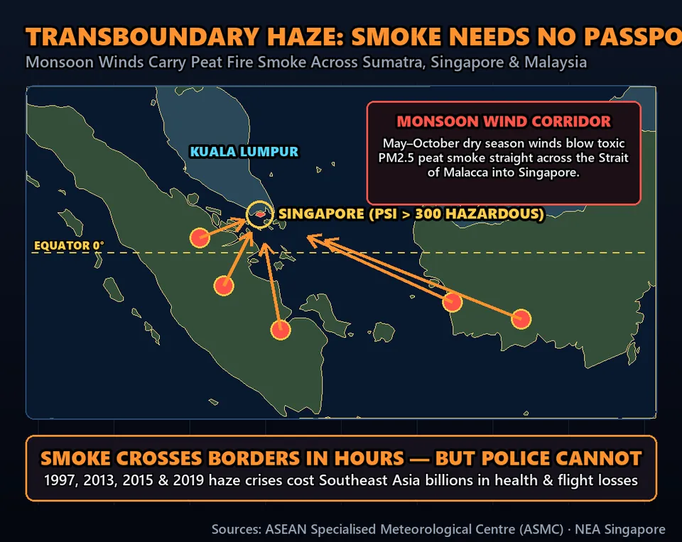 Diagram GeeGit: Every dry season, toxic smoke from Indonesian peat fires blankets Singapore, shutting down schools and choking millions.