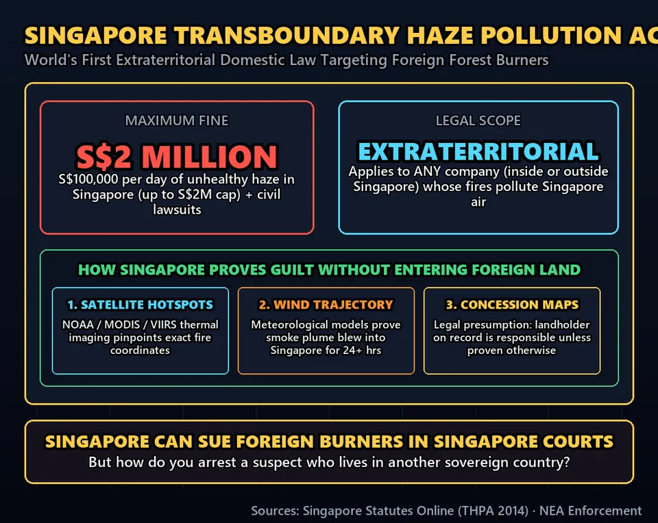 Diagram GeeGit: Furious over the pollution, Singapore passed a historic law giving its courts the power to sue the guilty companies.