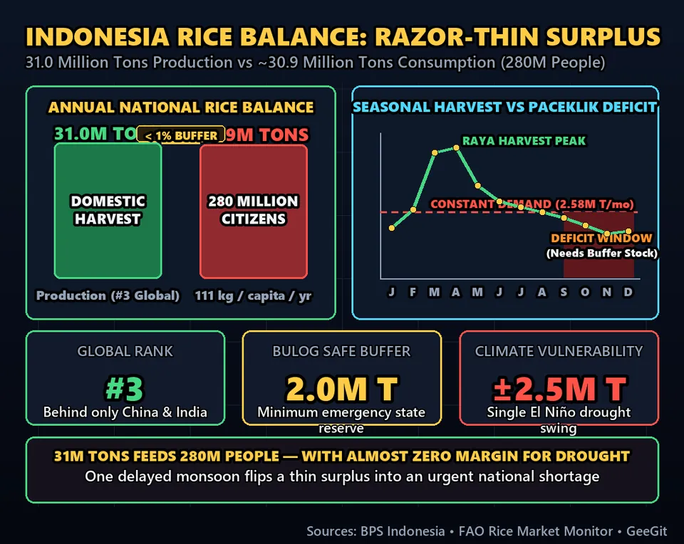 Diagram GeeGit: Indonesia produces thirty-one million tons of rice every year, making it the world's third-largest producer.
