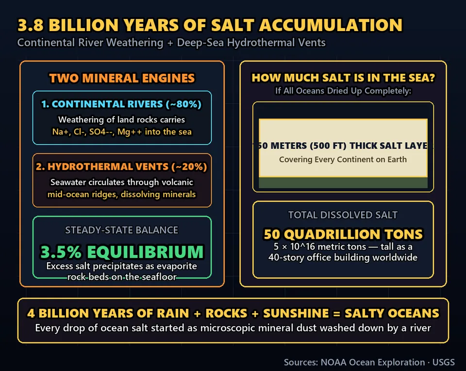 Diagram GeeGit: After nearly four billion years of solar distillation, our oceans became the planet's ultimate salt bank.