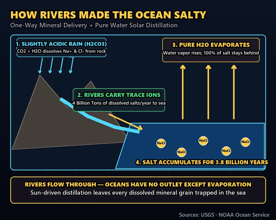 Diagram GeeGit: Every second, thousands of freshwater rivers pour millions of gallons into the oceans. So why is the sea salty, but rivers aren't?