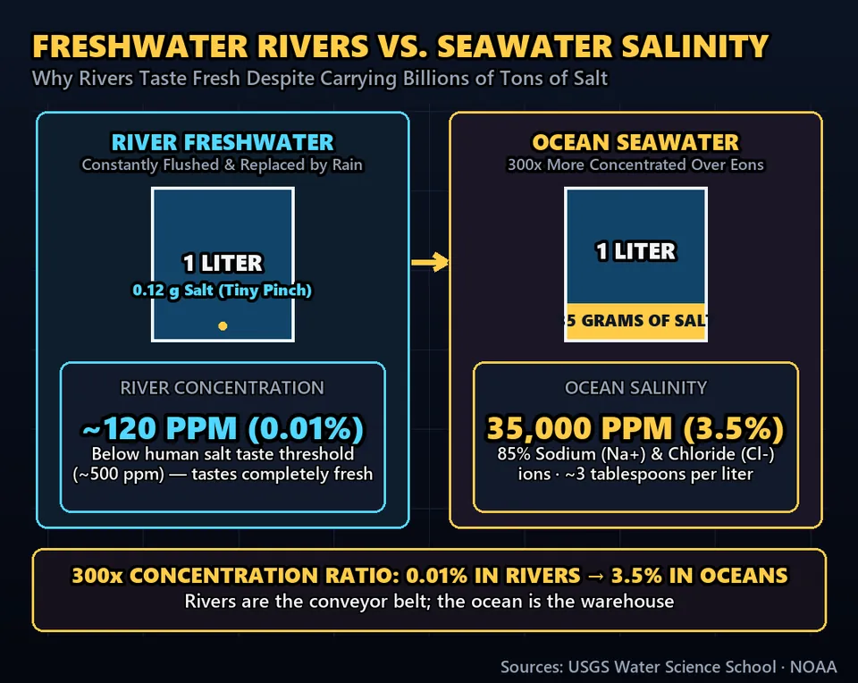 Diagram GeeGit: This weathering dissolves trace minerals, including sodium and chloride, which rivers carry out to sea.