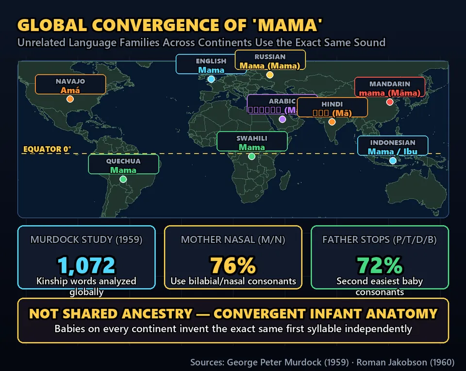 Diagram GeeGit: From English to Mandarin, Russian to Swahili, babies on opposite sides of the planet say almost the same word for mother: 'Mama'.