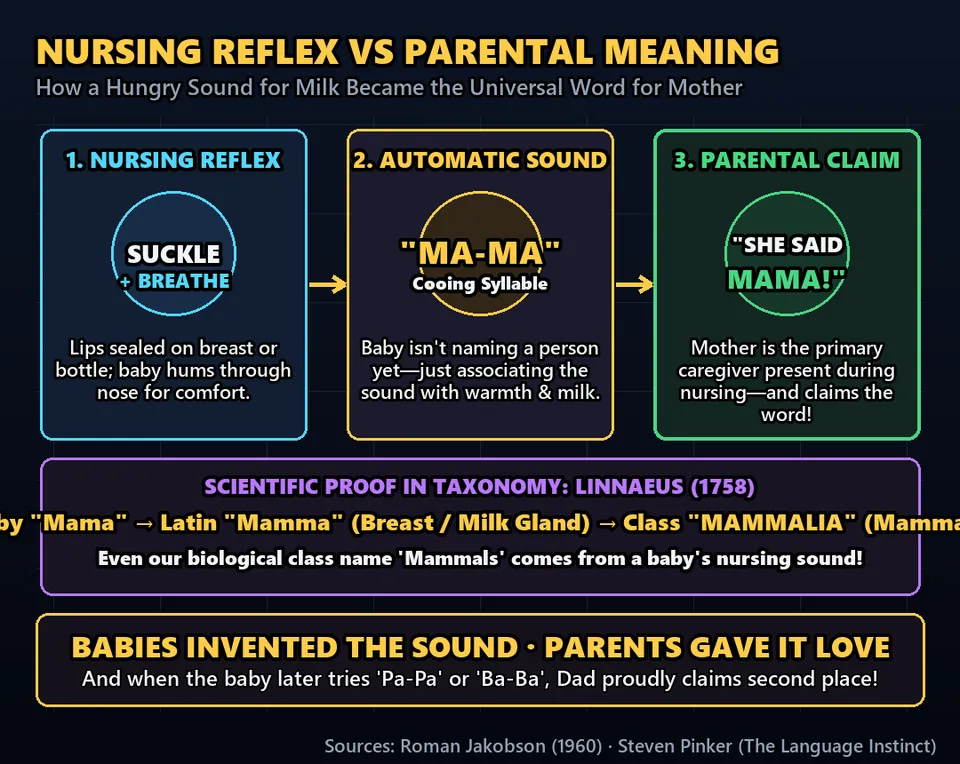 Diagram GeeGit: While drinking milk, a baby naturally hums through their nose, producing 'ma-ma-ma' as they open and close their lips.