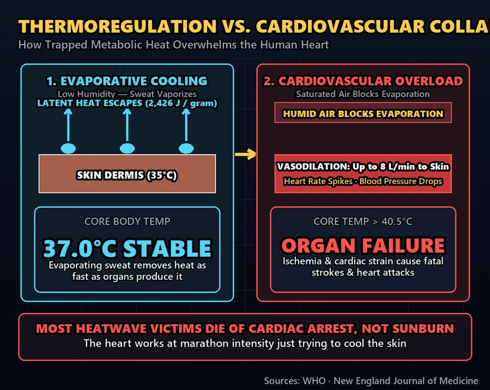 Diagram GeeGit: Your body sheds heat through sweat. When sweat evaporates, it pulls thermal energy away from your skin.
