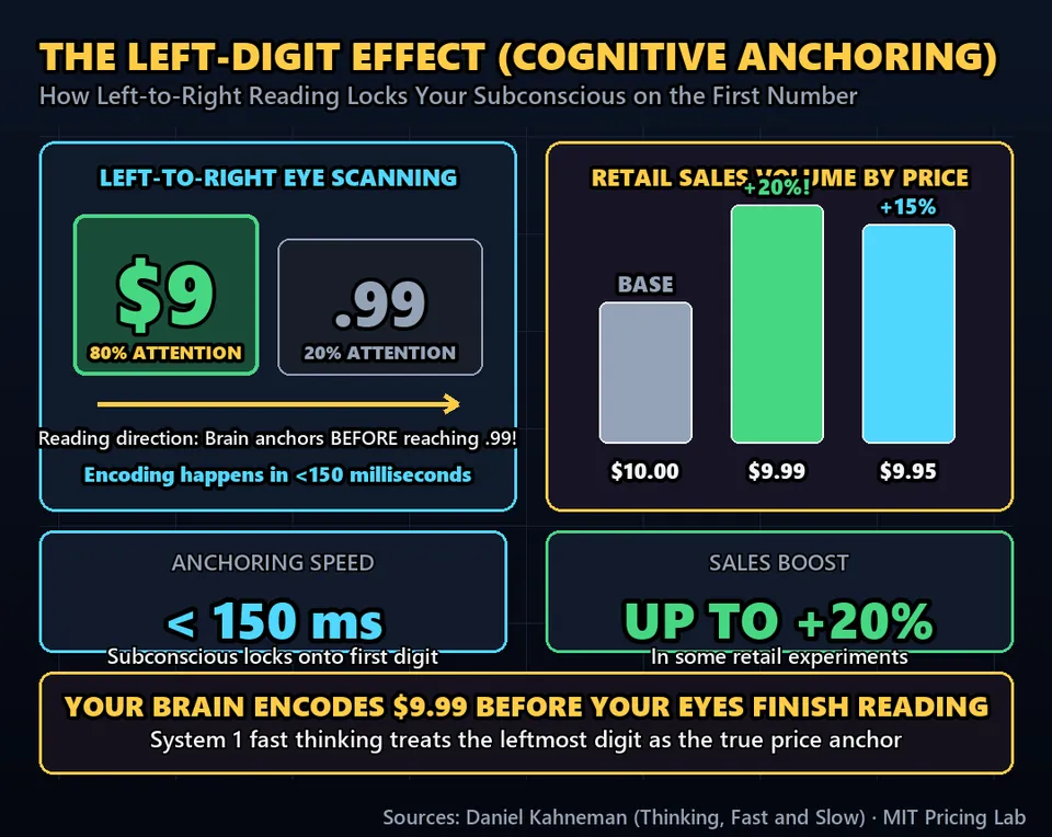 Diagram GeeGit: Because of a cognitive glitch called the Left-Digit Effect: your brain reads numbers from left to right.