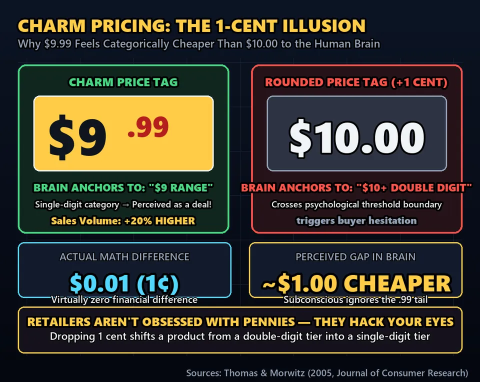 Diagram GeeGit: Look at almost any price tag in any store on Earth: nine ninety-nine, nineteen ninety-nine, ninety-nine ninety-nine.