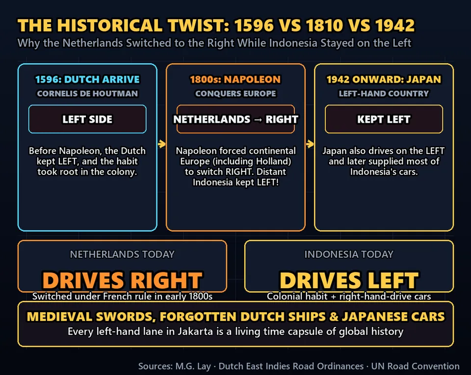 Diagram GeeGit: In Napoleon's era, much of continental Europe moved to the right, and eventually the Netherlands did too.