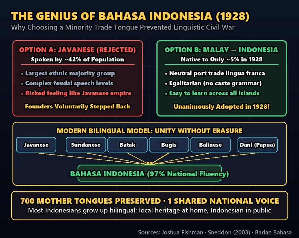 Diagram GeeGit: Then in 1928, founders united them with an egalitarian trade language, Bahasa Indonesia, without erasing their mother tongues.