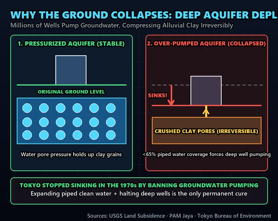 Diagram GeeGit: The culprit isn't the sea. It's the ground beneath. Countless private wells pump deep groundwater to supply the city.