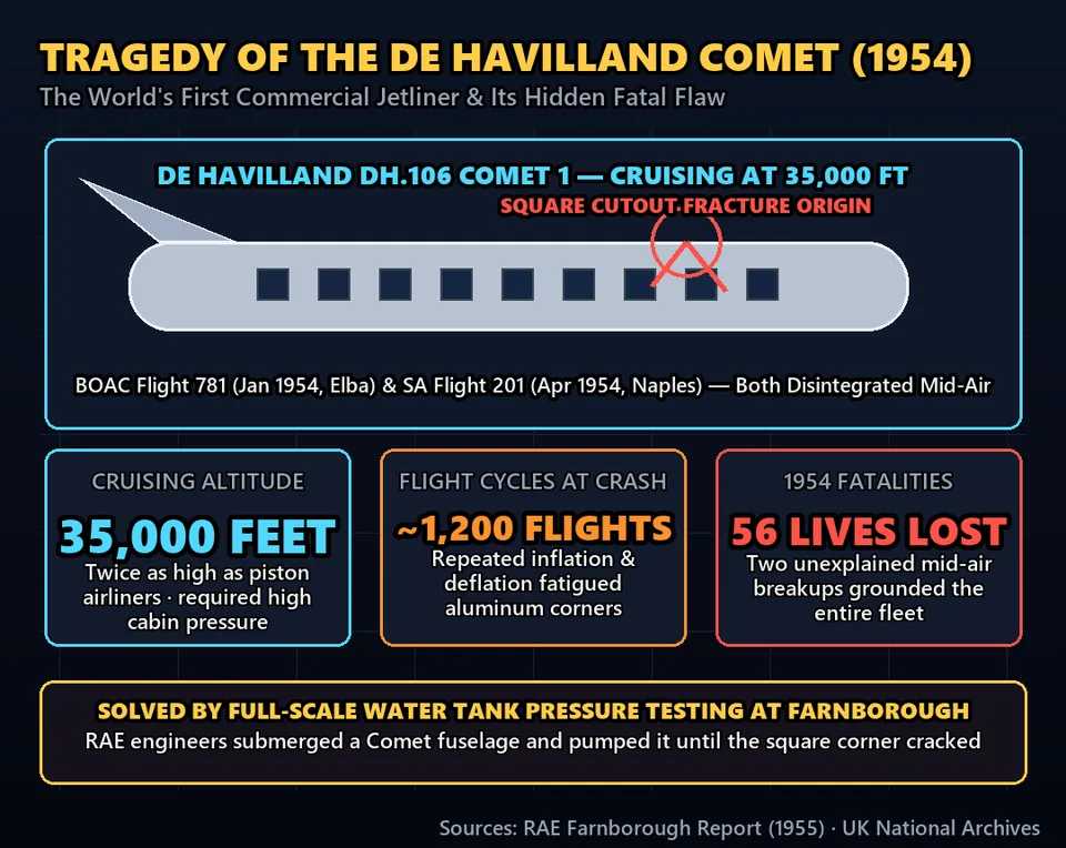 Diagram GeeGit: In 1952, the British de Havilland Comet became the world's first commercial jetliner, flying higher and faster than anything before.