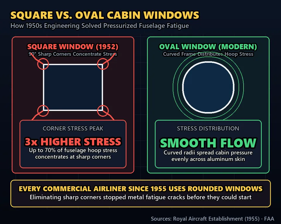 Diagram GeeGit: Look out the window next time you fly: every single passenger window is curved or oval. Never square.