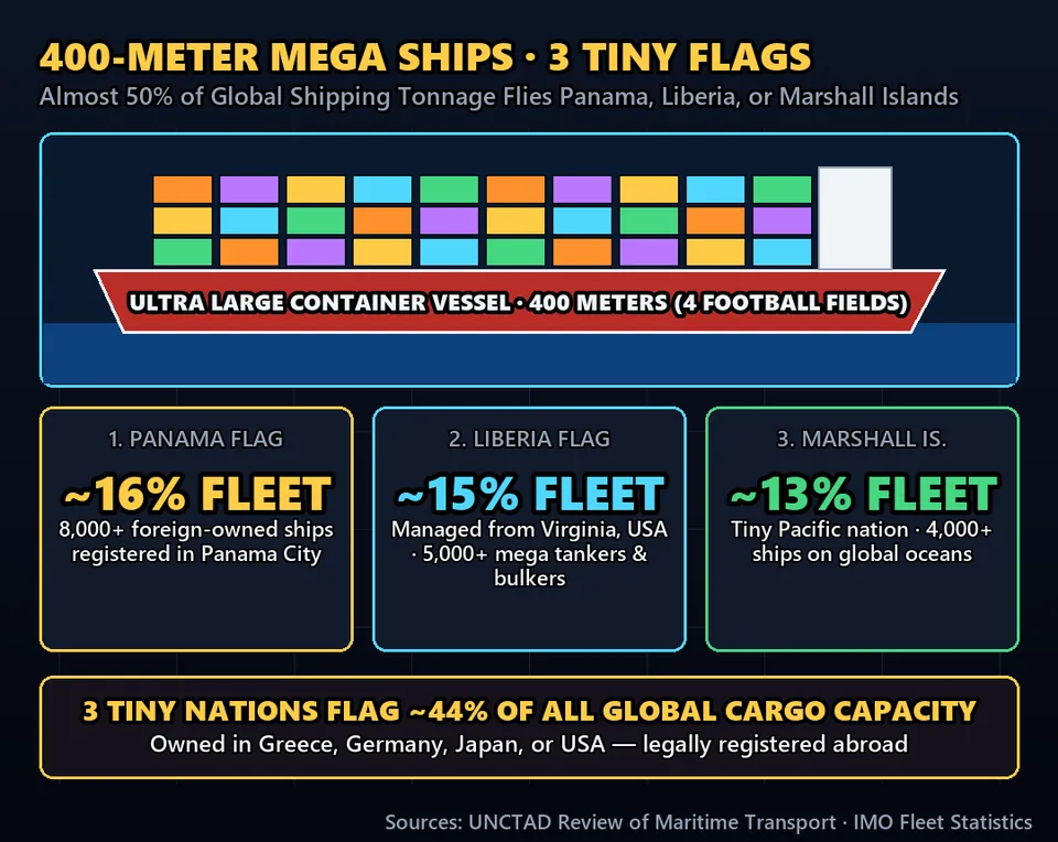 Diagram GeeGit: The largest cargo ships on Earth are as long as four football fields and carry billions in global trade.