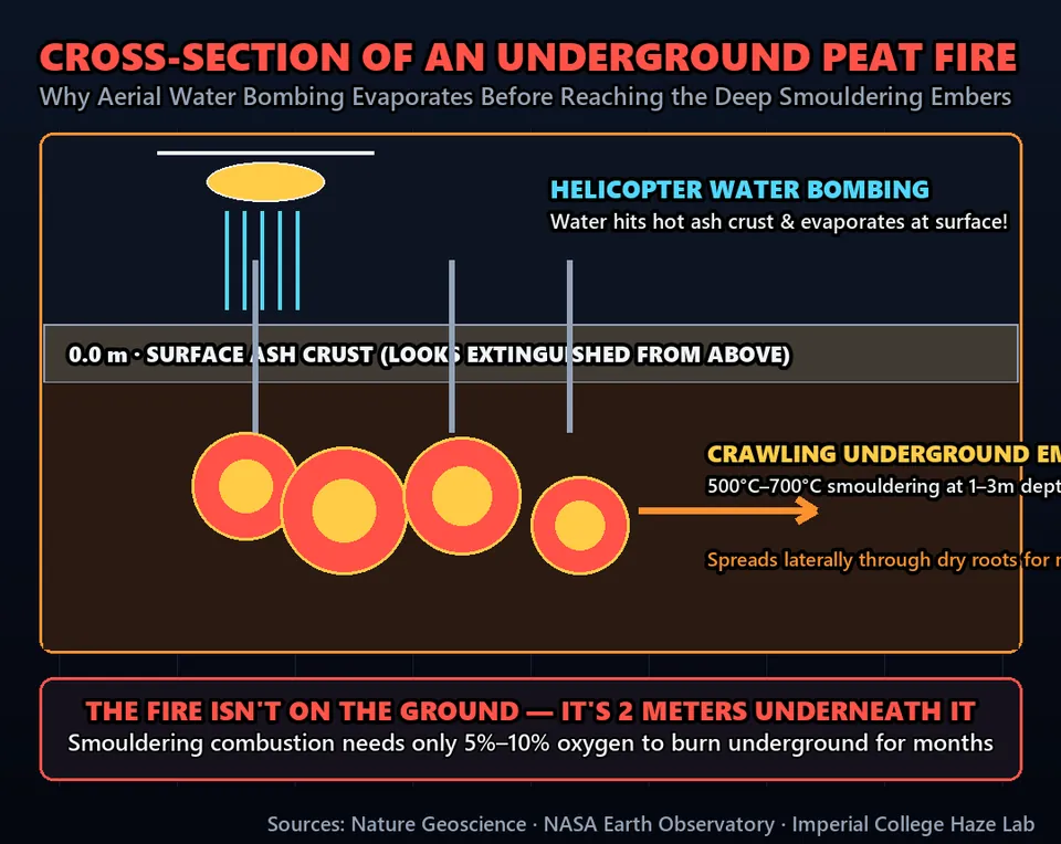 Diagram GeeGit: Helicopters drop thousands of tons of water on tropical forest fires, yet the smoke keeps rising for months.