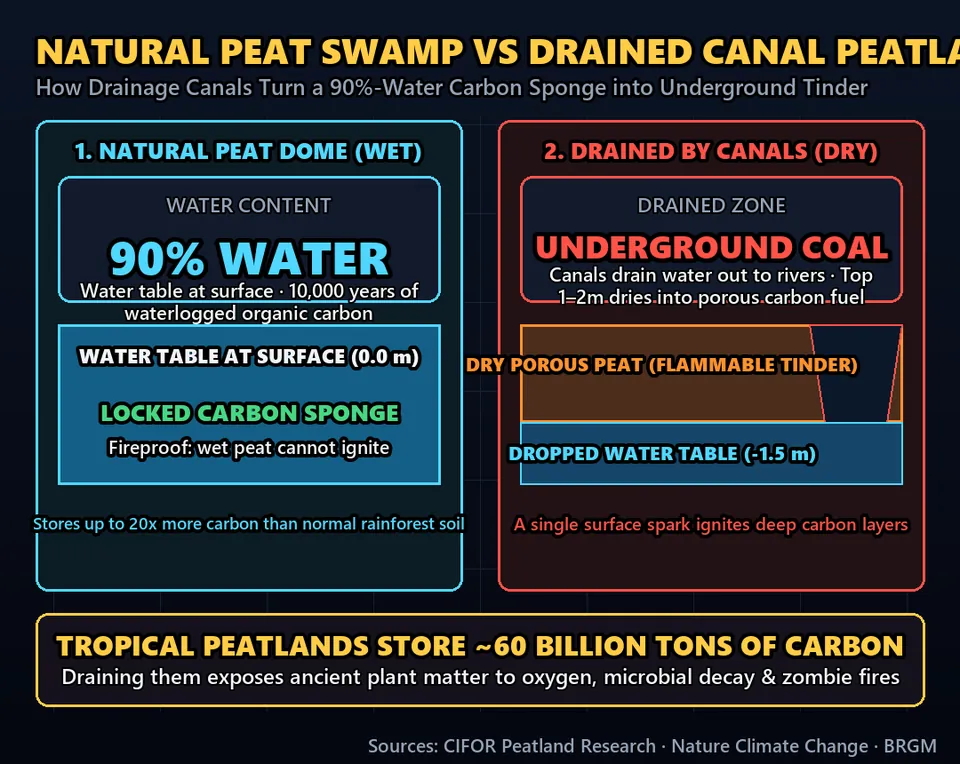 Diagram GeeGit: Peatlands are ancient sponges of compressed plant matter formed over thousands of years, packed with pure carbon.