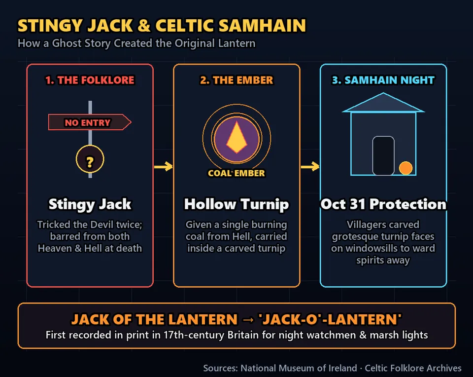 Diagram GeeGit: According to Celtic legend, an old trickster named Jack was cursed to wander the dark with only a burning coal inside a hollow turnip.