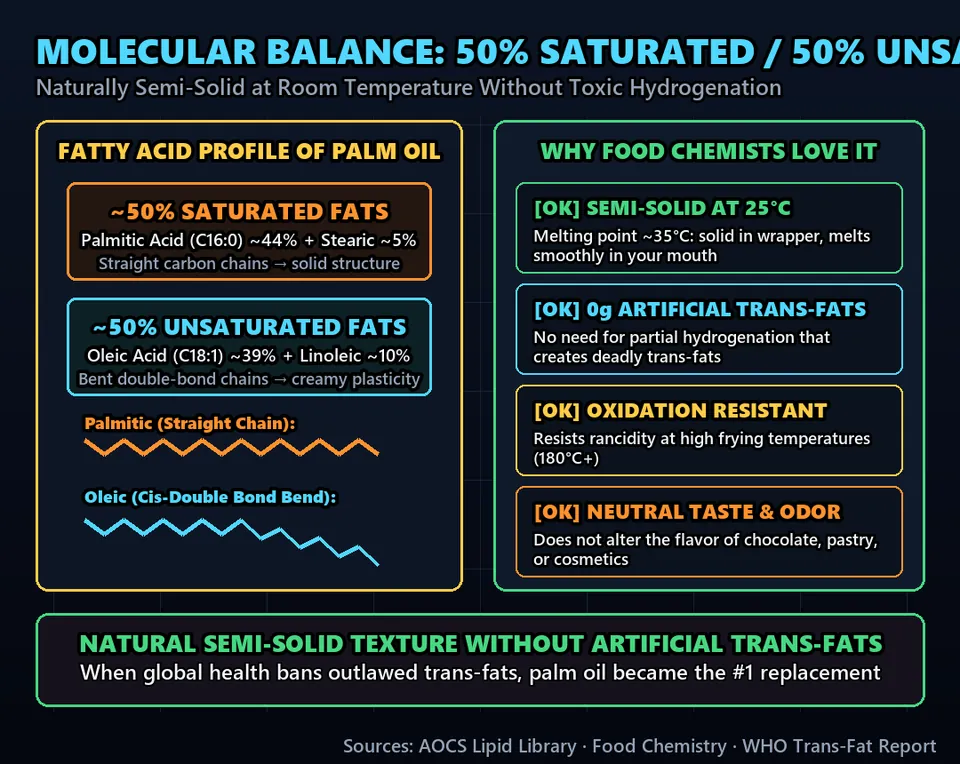 Diagram GeeGit: First, the chemistry: palm oil has a unique molecular balance of saturated and unsaturated fats.