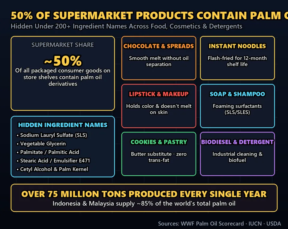 Diagram GeeGit: Walk down any supermarket aisle: half of everything you see contains palm oil. From chocolate and instant noodles to soap and lipstick.