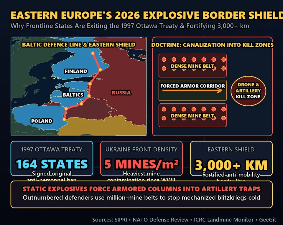 Diagram GeeGit: In nineteen ninety-seven, over one hundred sixty nations signed a landmark treaty banning anti-personnel landmines.