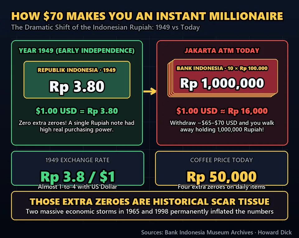 Diagram GeeGit: Withdraw seventy dollars from an ATM in Jakarta, and you instantly become a millionaire holding a million rupiah.
