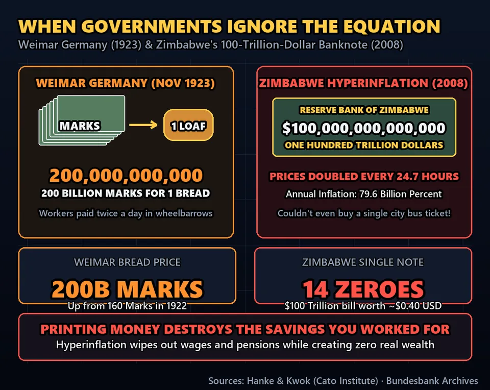 Diagram GeeGit: When governments ignore this, disaster follows: in 1923 Germany, a loaf of bread cost two hundred billion marks.