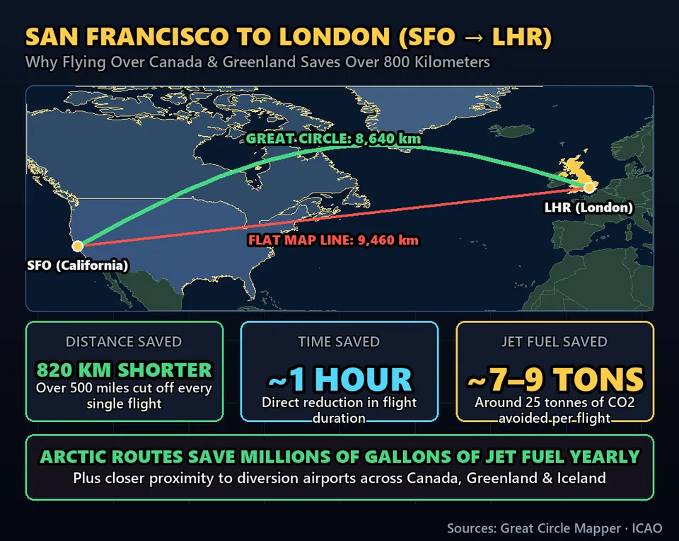 Diagram GeeGit: Flying from California to London through the Arctic cuts off over eight hundred kilometers of empty ocean.