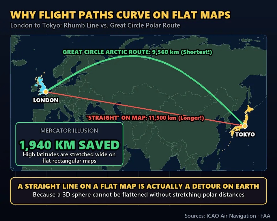 Diagram GeeGit: If you look at the flight map on your seatback screen, your plane almost never flies in a straight line.