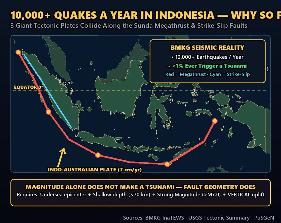 Diagram GeeGit: Indonesia experiences over ten thousand earthquakes every single year. Yet only a tiny fraction ever trigger a tsunami.