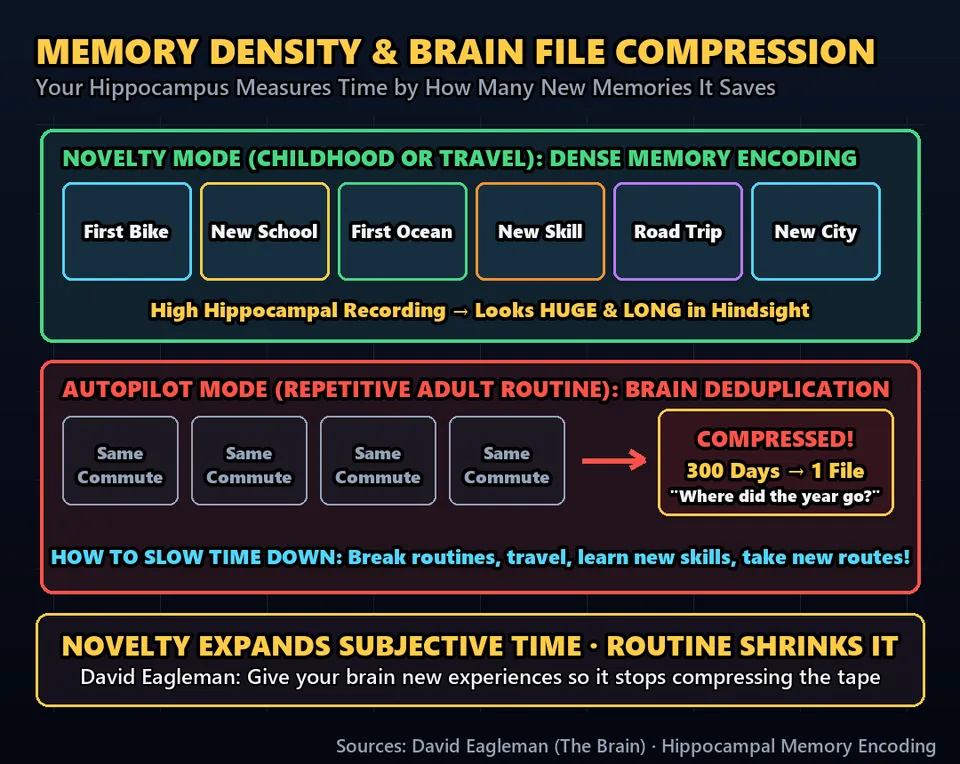 Diagram GeeGit: Second, your brain: your mind measures time by how many brand-new memories it creates.