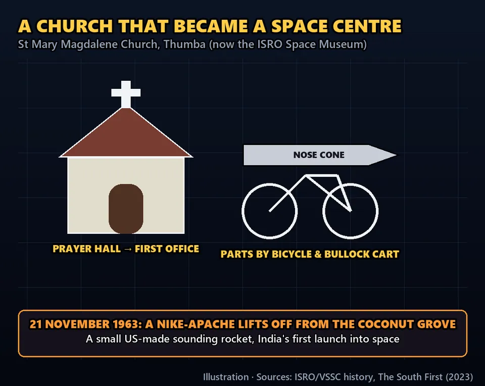 Diagram GeeGit: In 1963, India's space program had no launch pad, no hangar and no office.