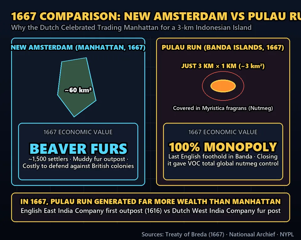 Diagram GeeGit: History books love to joke that the Dutch traded away Manhattan for a tiny, remote speck of rock in Indonesia.
