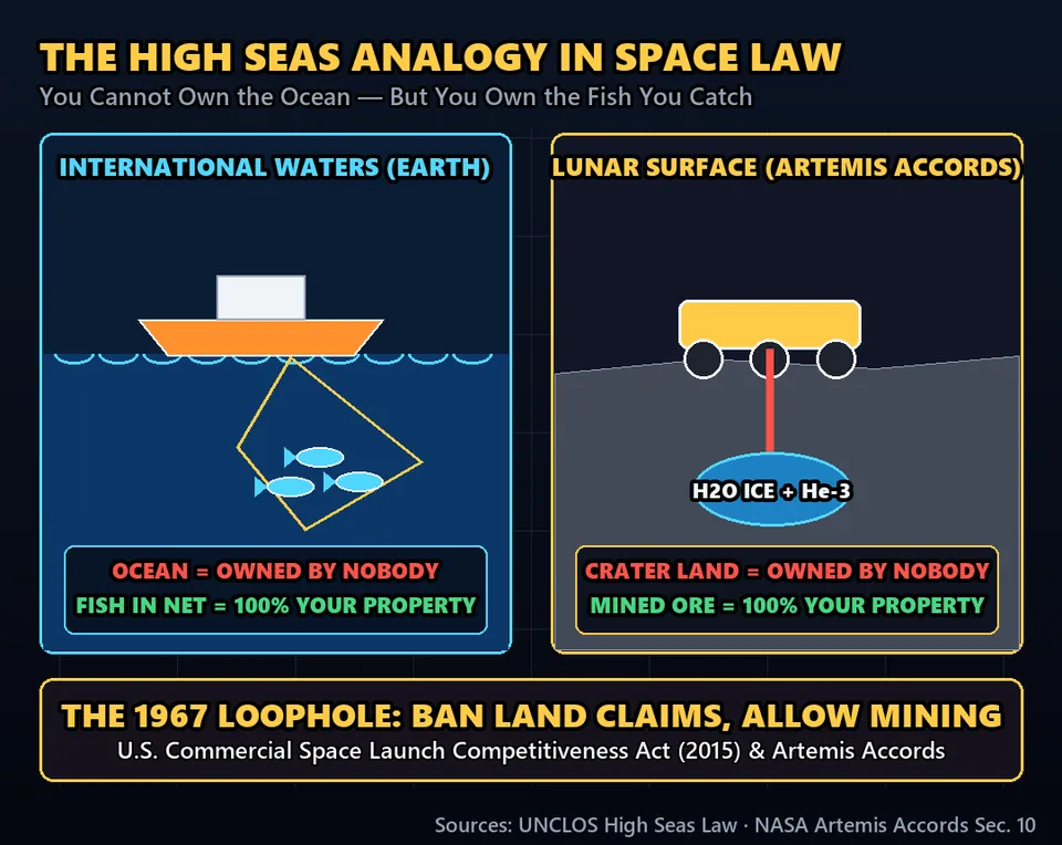 Diagram GeeGit: But the treaty left a grey zone: it banned claiming land, but it never clearly banned mining the soil.