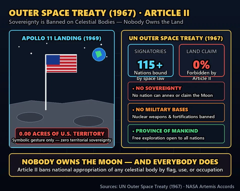 Diagram GeeGit: In 1969, Neil Armstrong planted the American flag into lunar dust. But the United States does not own a single inch of the Moon.